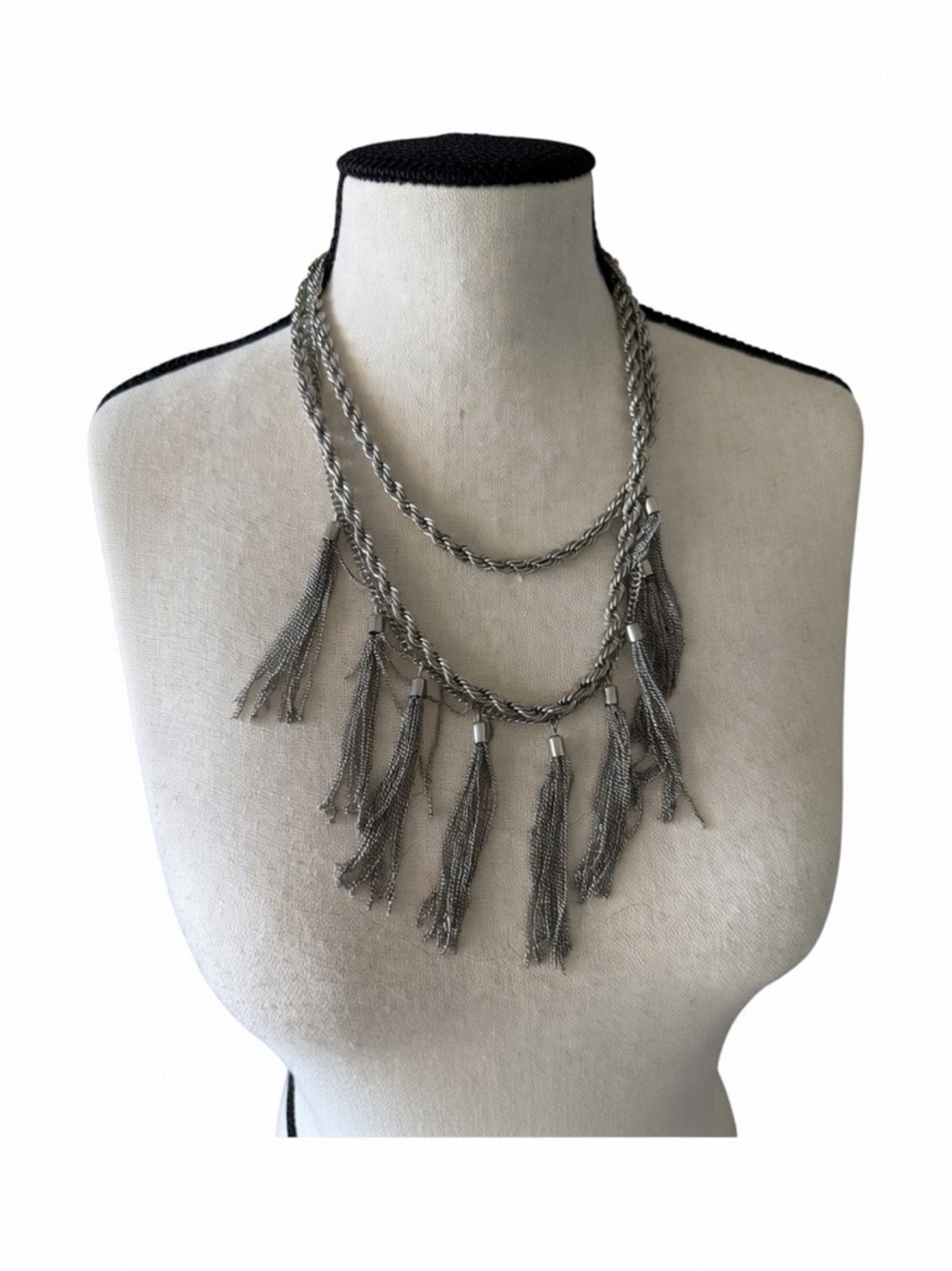 Statement Multi-Strand Tassel Necklace - Silver